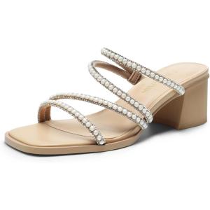 DREAM PAIRS Women’s Strappy Heels Block Open Toe Low Heel Chunky Mules Sandals Dress Shoes(Nude-pearl)
