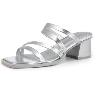 DREAM PAIRS Women’s Strappy Heels Block Open Toe Low Heel Chunky Mules Sandals Dress Shoes(Silver-metallic)