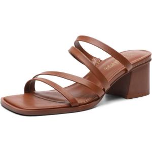 DREAM PAIRS Women’s Strappy Heels Block Open Toe Low Heel Chunky Mules Sandals Dress Shoes(Tan)