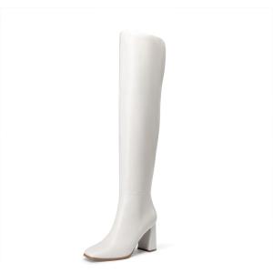 DREAM PAIRS Women’s Tall Over the Knee Boots Thigh High Fall Block Chunky Heeled Knee High Long Boots with Fashion Square Toe and Side Zipper(White)