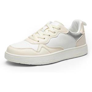 DREAM PAIRS Women’s Walking Skateboard Shoes Sneakers Pu Leather Char Flat Low-Top Lace-Up Comfortable Casual Athletic Non-Slip Running Fashion Sneakers.(Beige)