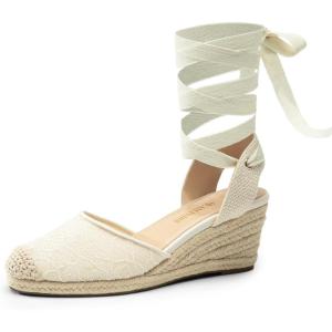 DREAM PAIRS Women’s Wedge Sandals Platform Close Toe Espadrilles Strappy Lace Up Sandals Cute Fashion Comfortable Dressy Beach Vocation Summer Shoes(White-lace)