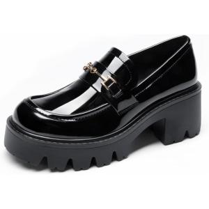 Women Loafers Platform Chunky Heel Slip On Lug Sole Casual Dressy Office Business Shoes(Black-pat)