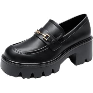 Women Loafers Platform Chunky Heel Slip On Lug Sole Casual Dressy Office Business Shoes(Black-pu)