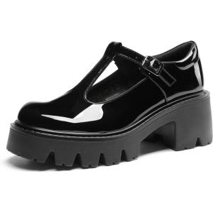 DREAM PAIRS Women’s T-Strap Mary Jane Shoes Low Platform Chunky Block Heels Closed Toe Work Pumps Comfortable Round Toe Dress Wedding Party Shoes(Black-pat)