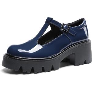 DREAM PAIRS Women’s T-Strap Mary Jane Shoes Low Platform Chunky Block Heels Closed Toe Work Pumps Comfortable Round Toe Dress Wedding Party Shoes(Navy)