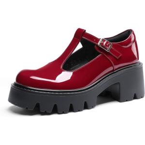 DREAM PAIRS Women’s T-Strap Mary Jane Shoes Low Platform Chunky Block Heels Closed Toe Work Pumps Comfortable Round Toe Dress Wedding Party Shoes(Red)