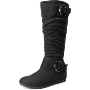 DREAM PAIRS Women’s Wide Calf Knee High Boots, Fur-lined Low Hidden Wedge Boots(Black/Suede)
