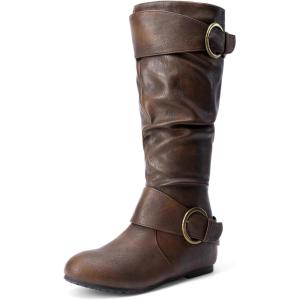 DREAM PAIRS Women’s Wide Calf Knee High Boots, Fur-lined Low Hidden Wedge Boots(Brown)