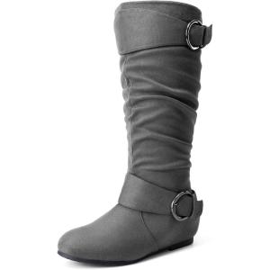 DREAM PAIRS Women’s Wide Calf Knee High Boots, Fur-lined Low Hidden Wedge Boots(Grey Suede/Wide Calf)