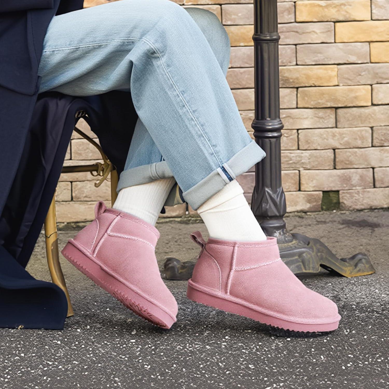 imageDREAM PAIRS Ankle Winter Mini Boots for Women Genuine Suede Faux Fur Lining Water Resistant Warm Snow Boots Slip On Memory Foam Comfort Booties FuzzyClassicPink