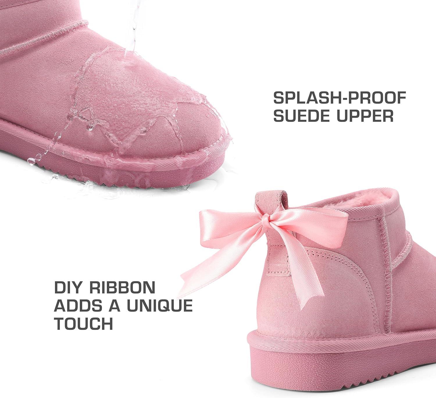 imageDREAM PAIRS Ankle Winter Mini Boots for Women Genuine Suede Faux Fur Lining Water Resistant Warm Snow Boots Slip On Memory Foam Comfort Booties FuzzyClassicPink