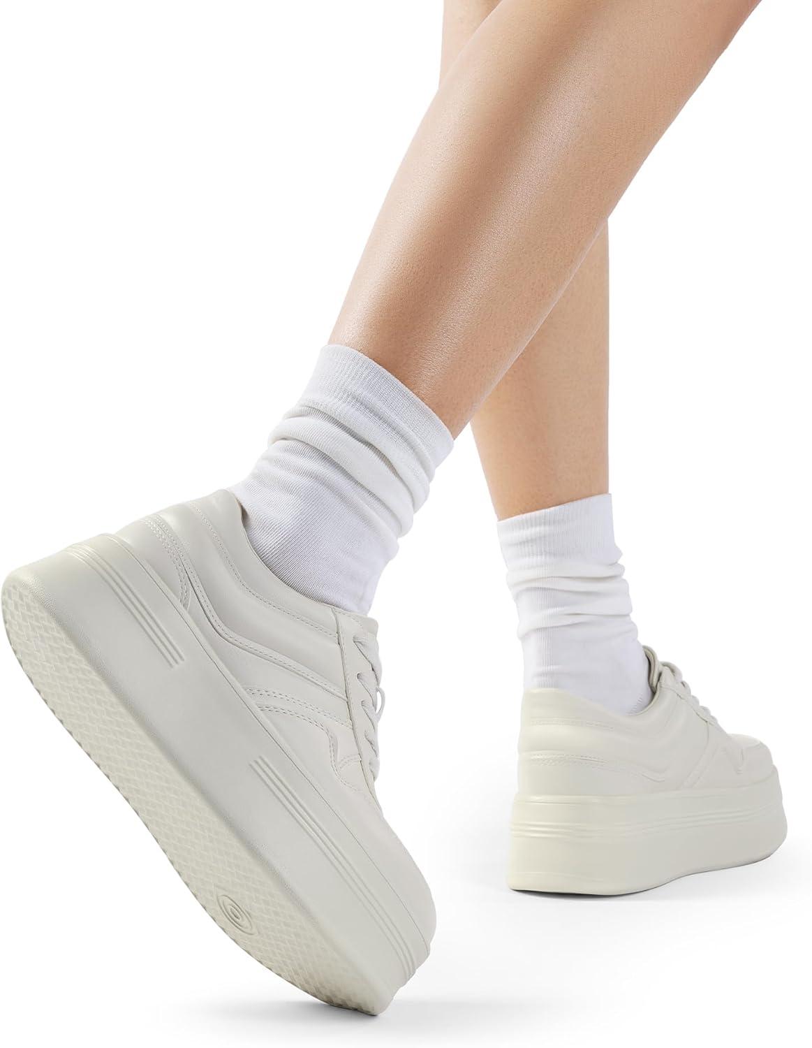 imageDREAM PAIRS Women Platform High Heel Fashion Sneakers Walking Lace Up Lightweight Stylish Classic Casual SneakerBeige