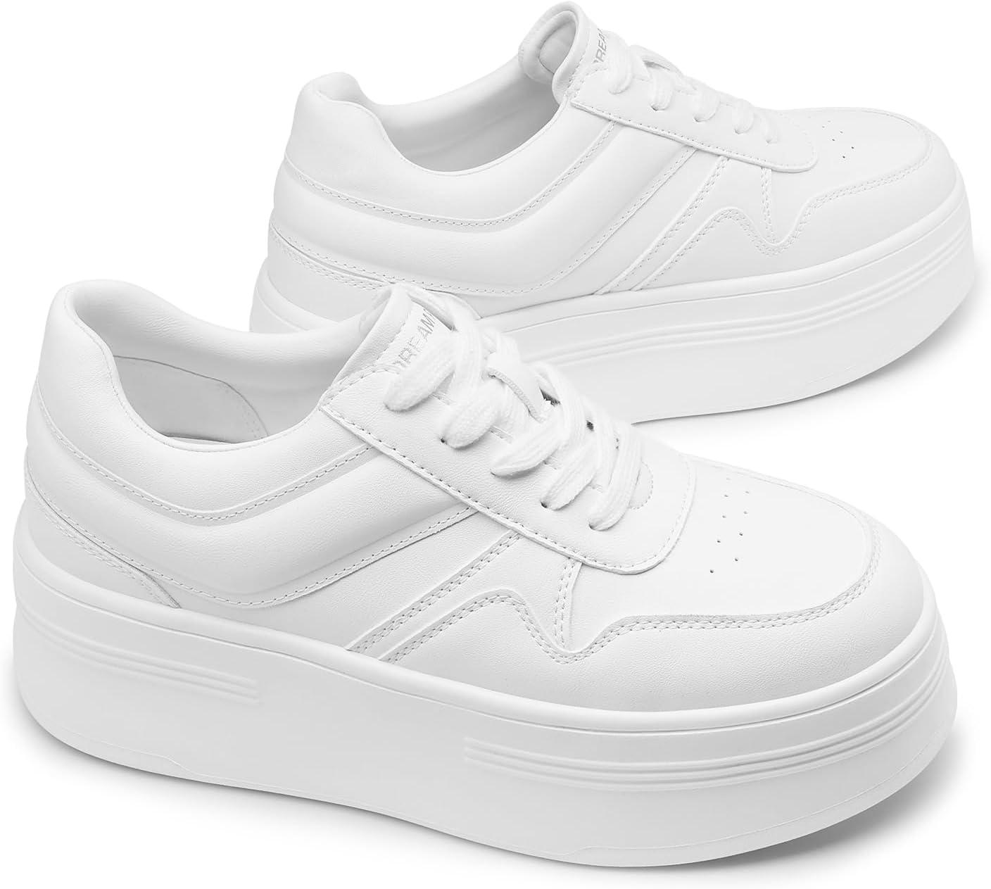 imageDREAM PAIRS Women Platform High Heel Fashion Sneakers Walking Lace Up Lightweight Stylish Classic Casual SneakerWhite