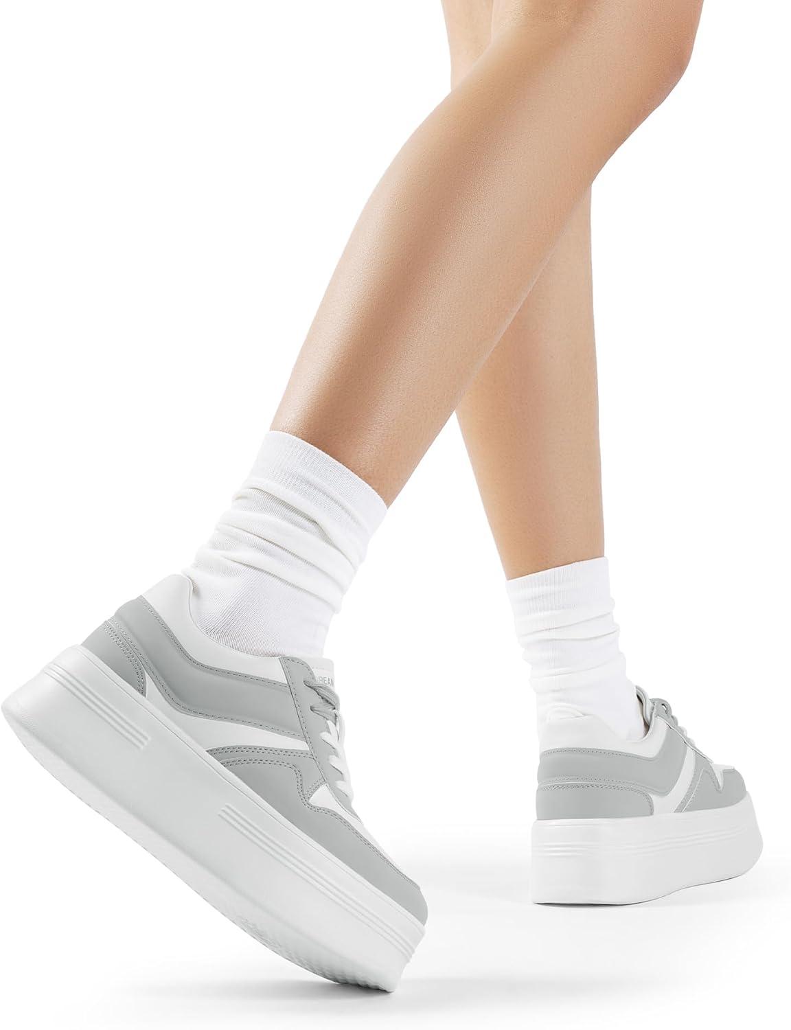 imageDREAM PAIRS Women Platform High Heel Fashion Sneakers Walking Lace Up Lightweight Stylish Classic Casual SneakerWhiteGrey