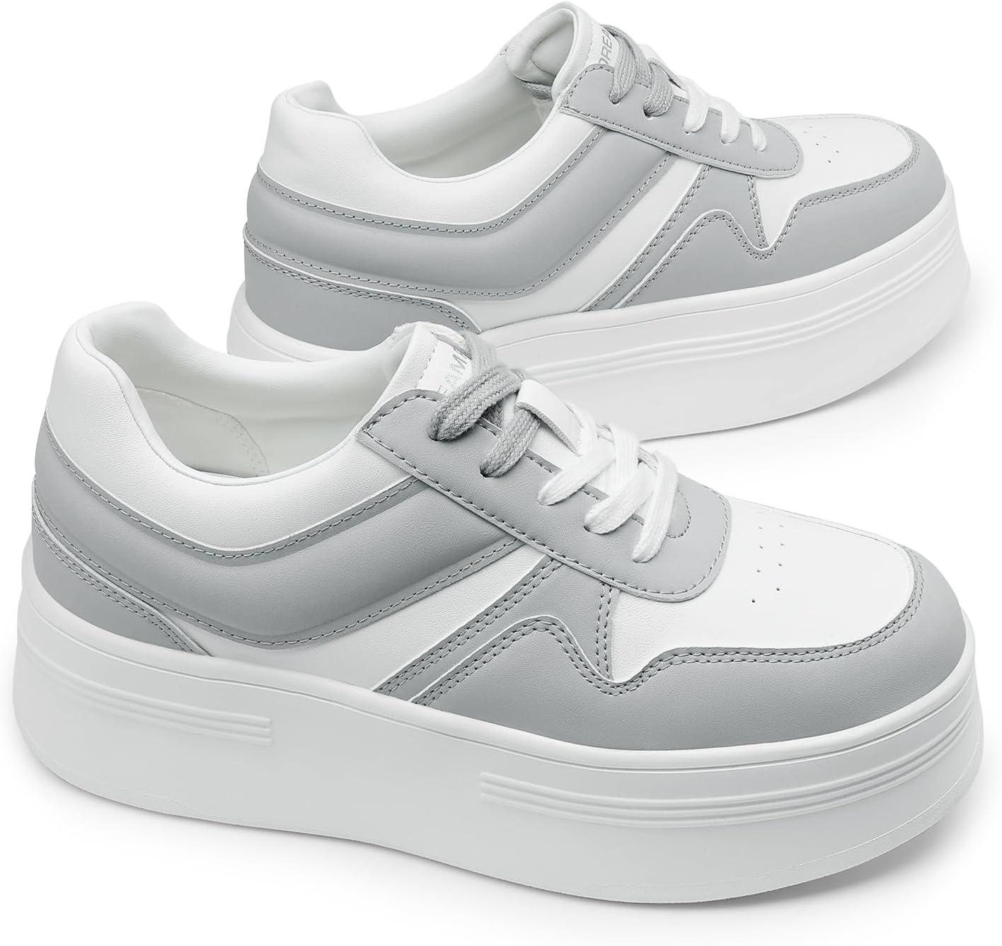 imageDREAM PAIRS Women Platform High Heel Fashion Sneakers Walking Lace Up Lightweight Stylish Classic Casual SneakerWhiteGrey