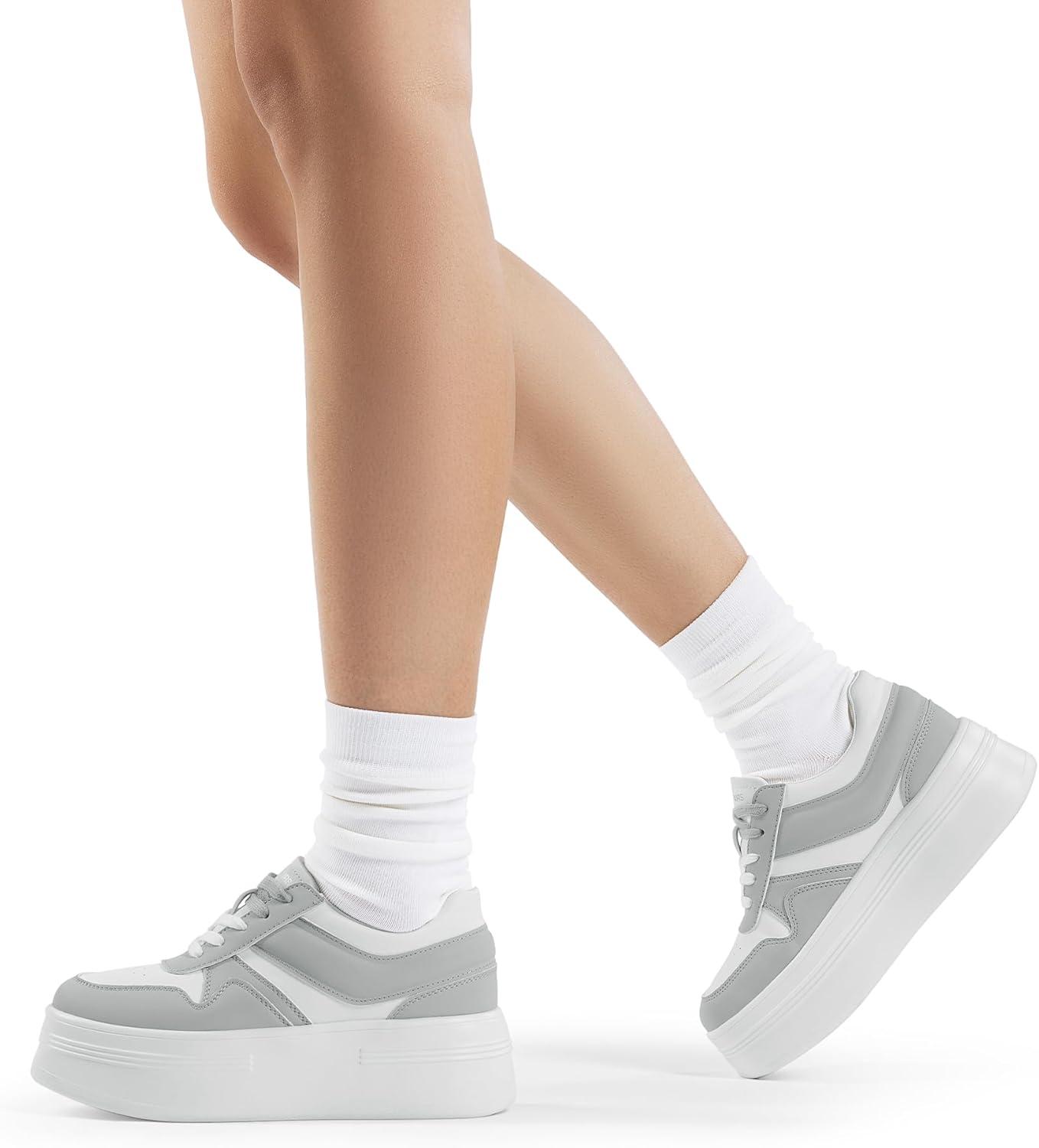 imageDREAM PAIRS Women Platform High Heel Fashion Sneakers Walking Lace Up Lightweight Stylish Classic Casual SneakerWhiteGrey