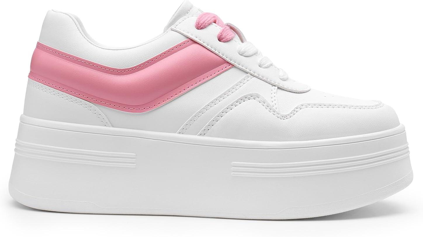 imageDREAM PAIRS Women Platform High Heel Fashion Sneakers Walking Lace Up Lightweight Stylish Classic Casual SneakerWhitePink