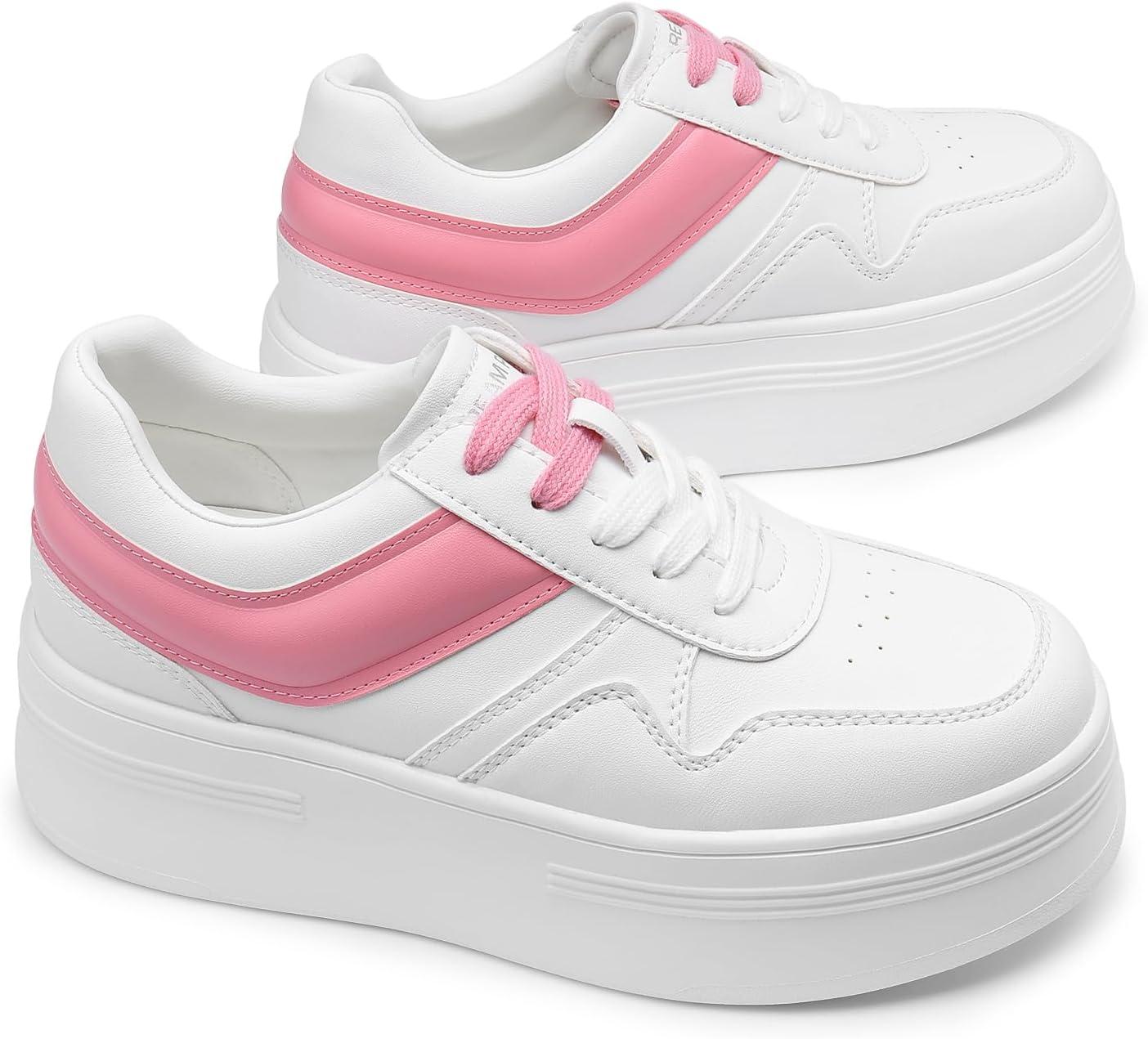imageDREAM PAIRS Women Platform High Heel Fashion Sneakers Walking Lace Up Lightweight Stylish Classic Casual SneakerWhitePink