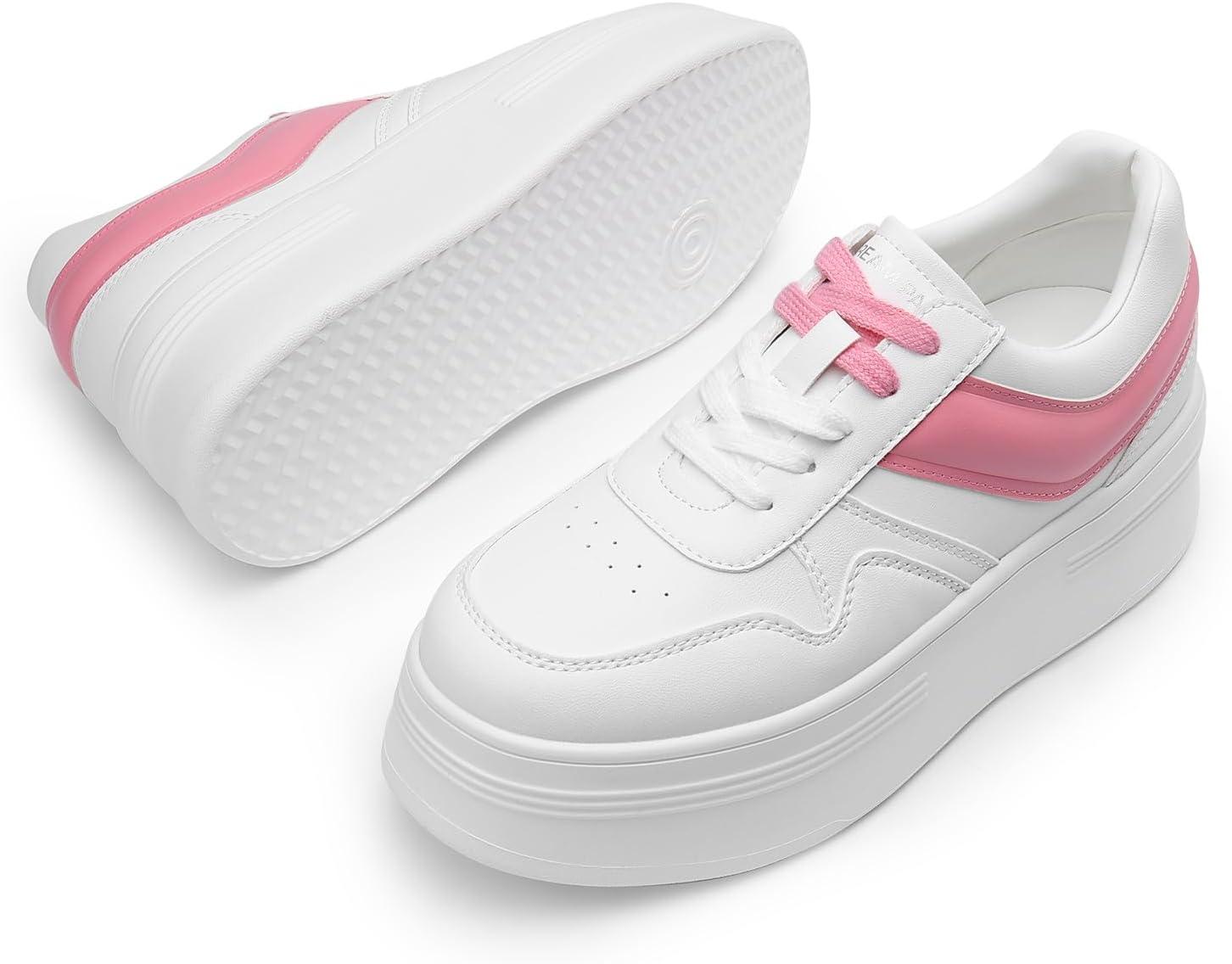 imageDREAM PAIRS Women Platform High Heel Fashion Sneakers Walking Lace Up Lightweight Stylish Classic Casual SneakerWhitePink