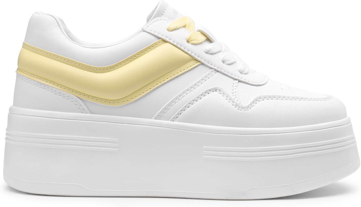 imageDREAM PAIRS Women Platform High Heel Fashion Sneakers Walking Lace Up Lightweight Stylish Classic Casual SneakerWhiteYellow