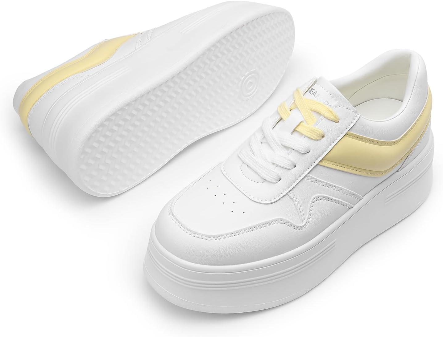 imageDREAM PAIRS Women Platform High Heel Fashion Sneakers Walking Lace Up Lightweight Stylish Classic Casual SneakerWhiteYellow