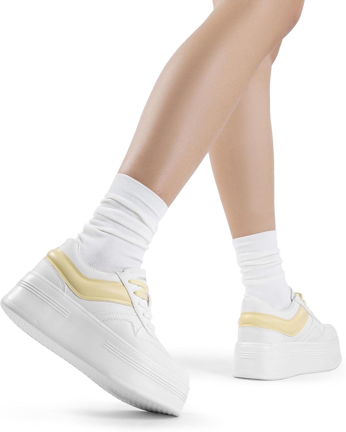imageDREAM PAIRS Women Platform High Heel Fashion Sneakers Walking Lace Up Lightweight Stylish Classic Casual SneakerWhiteYellow