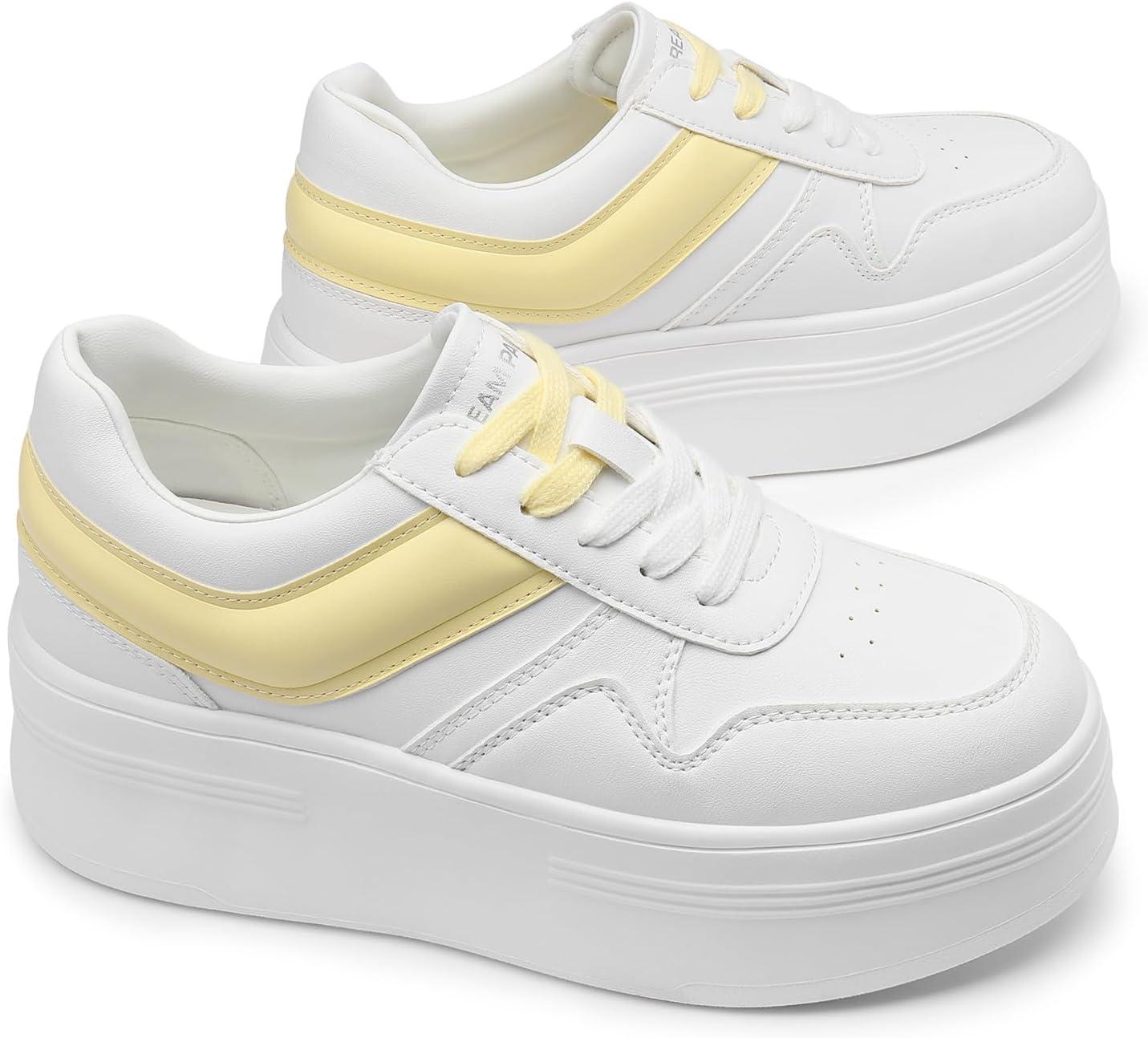imageDREAM PAIRS Women Platform High Heel Fashion Sneakers Walking Lace Up Lightweight Stylish Classic Casual SneakerWhiteYellow