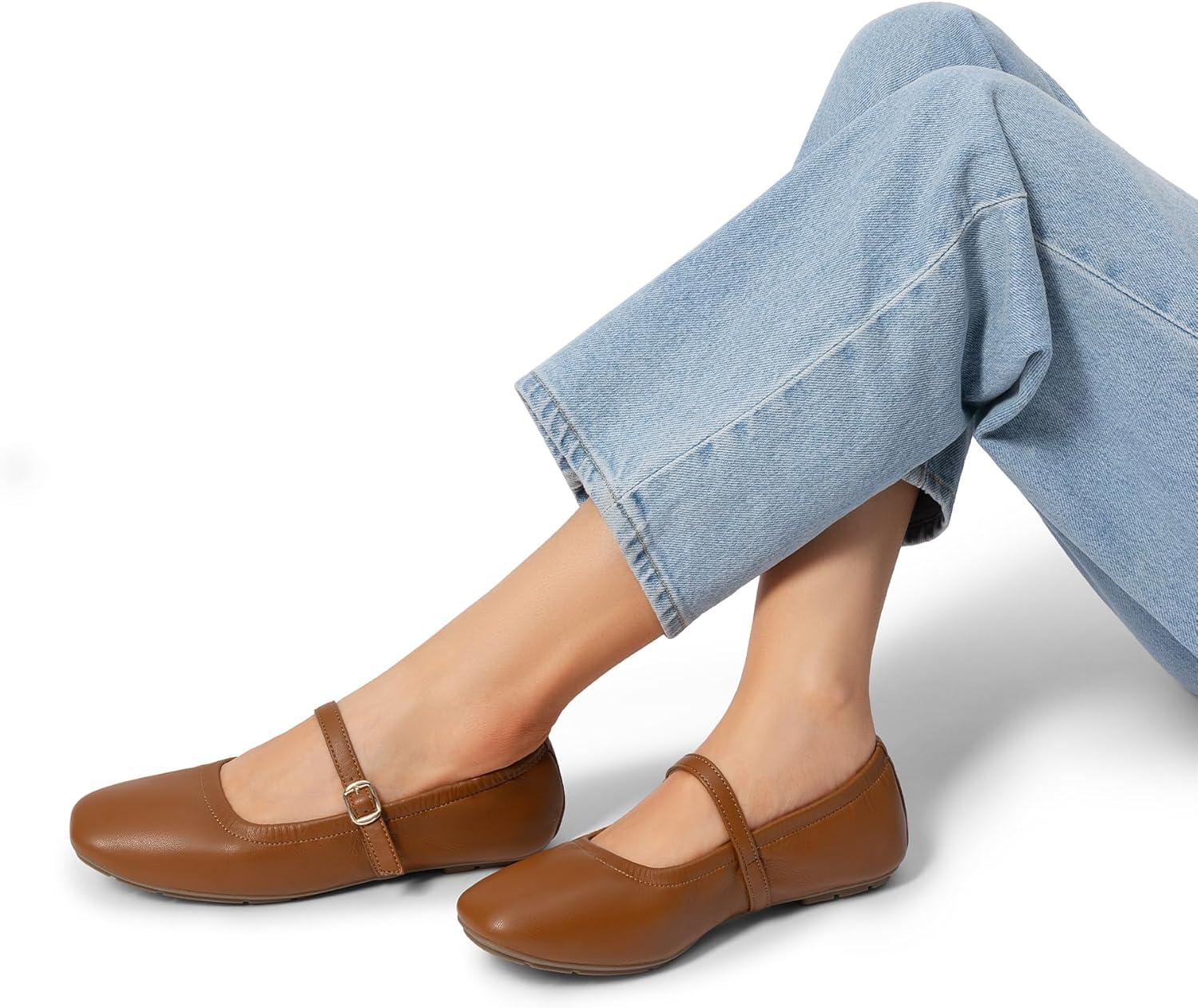 imageDREAM PAIRS Womens Ballet Flats Foldable Square Toe Mary Jane Flats Comfortable Slip On Dress Shoes Business Casual Work Mary Jane ShoesBrown
