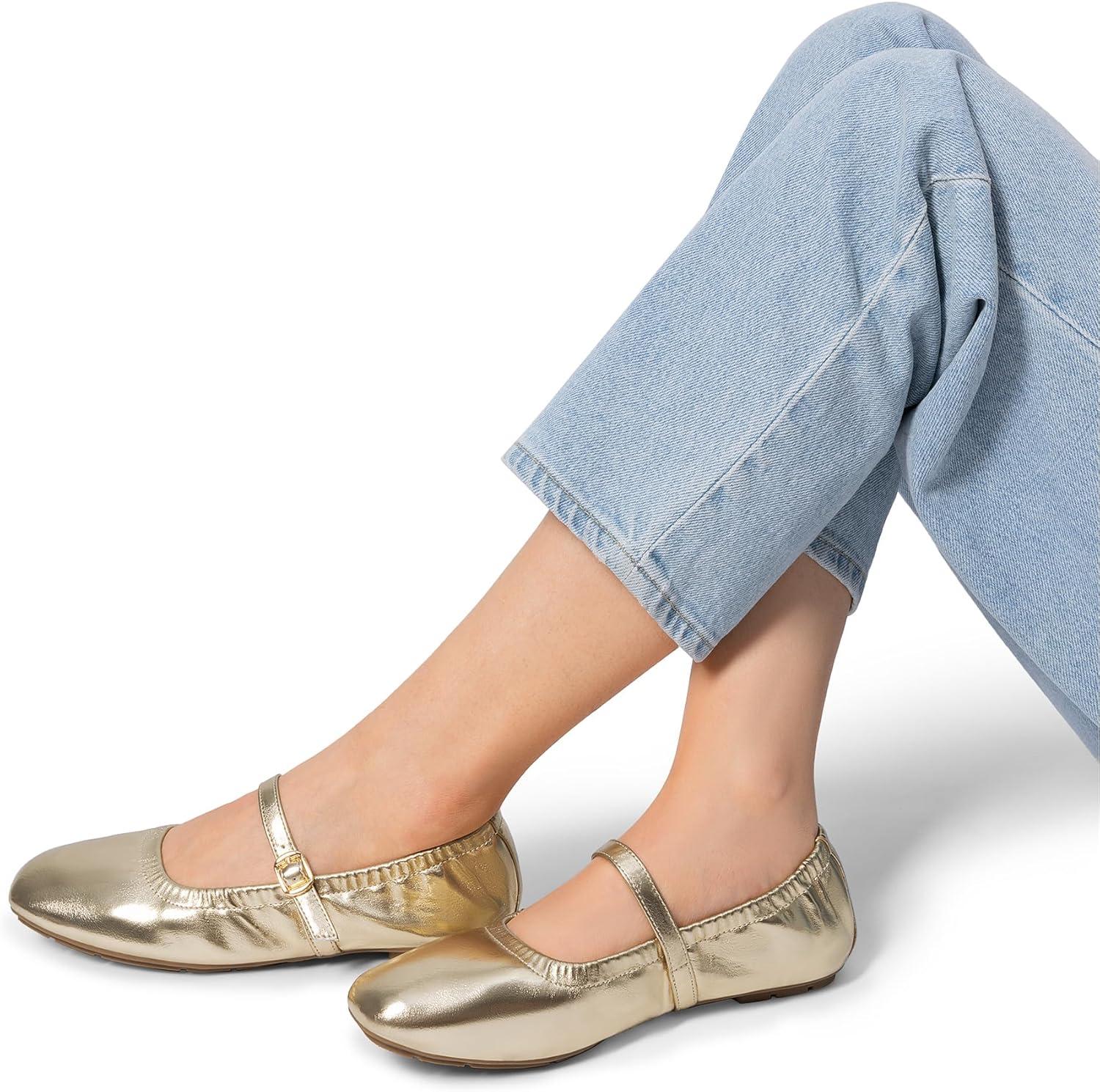 imageDREAM PAIRS Womens Ballet Flats Foldable Square Toe Mary Jane Flats Comfortable Slip On Dress Shoes Business Casual Work Mary Jane ShoesGold