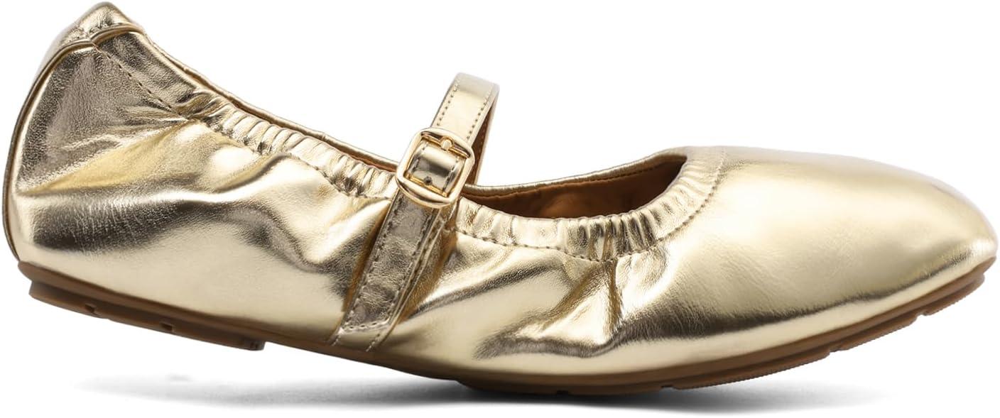 imageDREAM PAIRS Womens Ballet Flats Foldable Square Toe Mary Jane Flats Comfortable Slip On Dress Shoes Business Casual Work Mary Jane ShoesGold