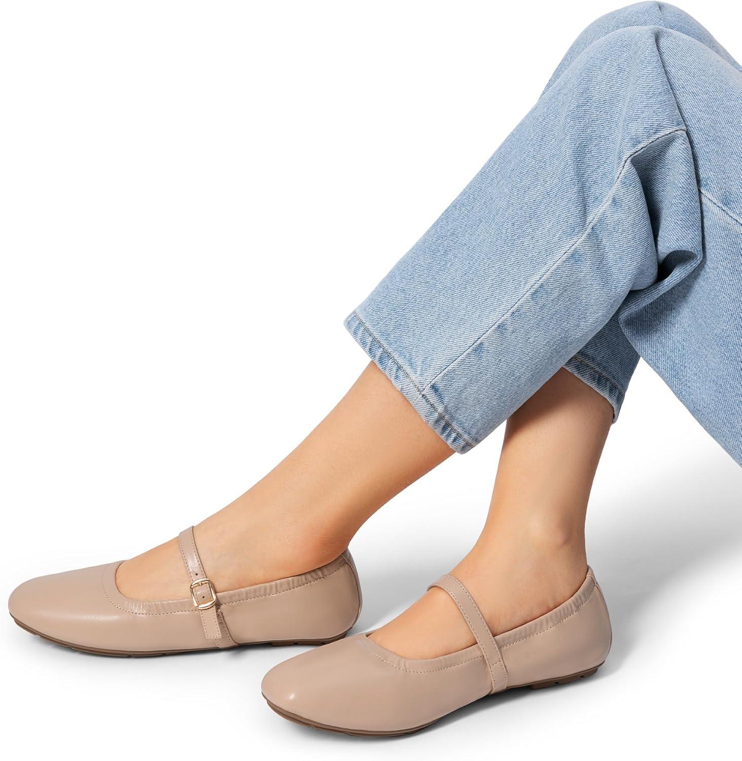 imageDREAM PAIRS Womens Ballet Flats Foldable Square Toe Mary Jane Flats Comfortable Slip On Dress Shoes Business Casual Work Mary Jane ShoesNude