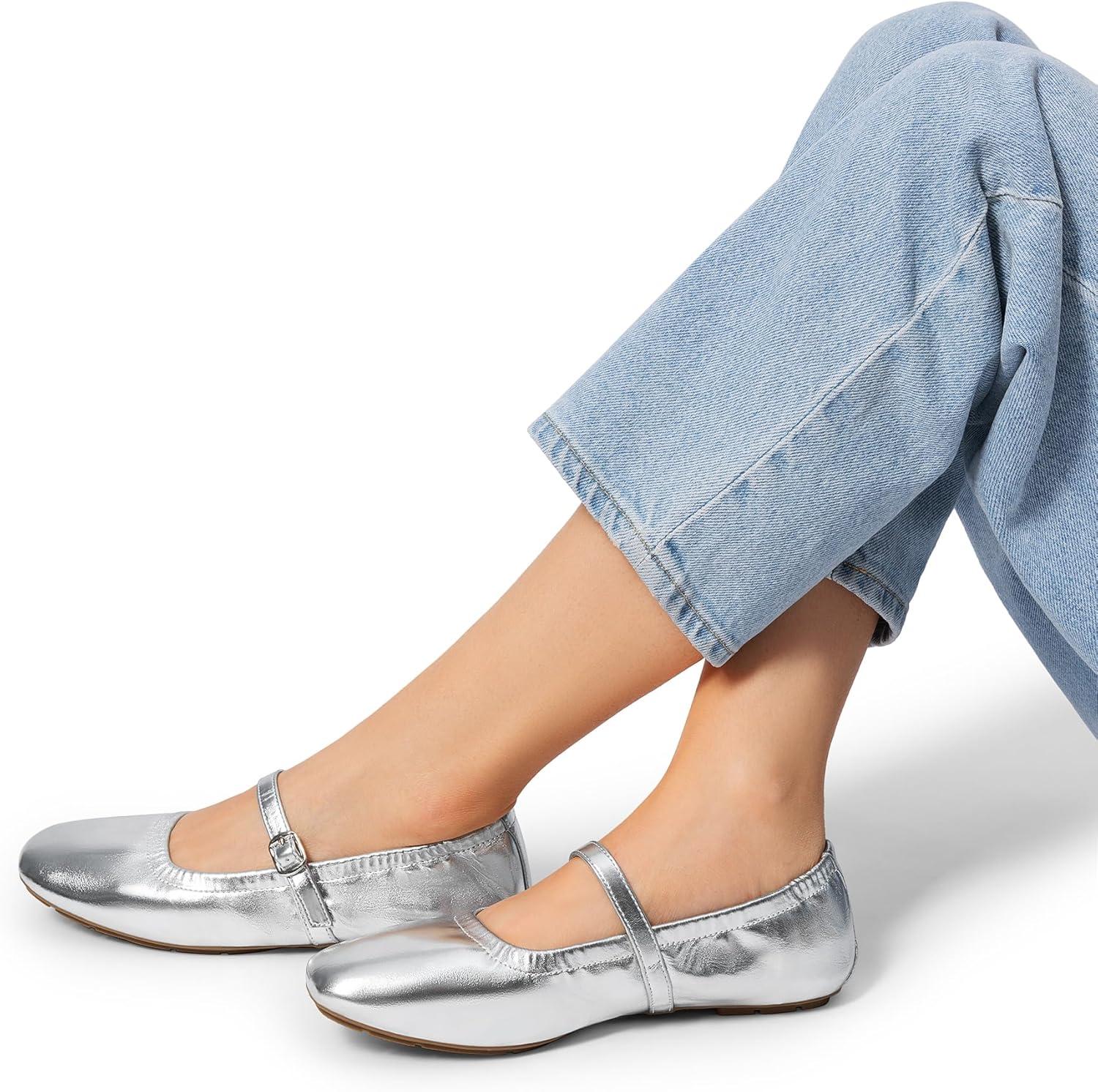 imageDREAM PAIRS Womens Ballet Flats Foldable Square Toe Mary Jane Flats Comfortable Slip On Dress Shoes Business Casual Work Mary Jane ShoesSilver