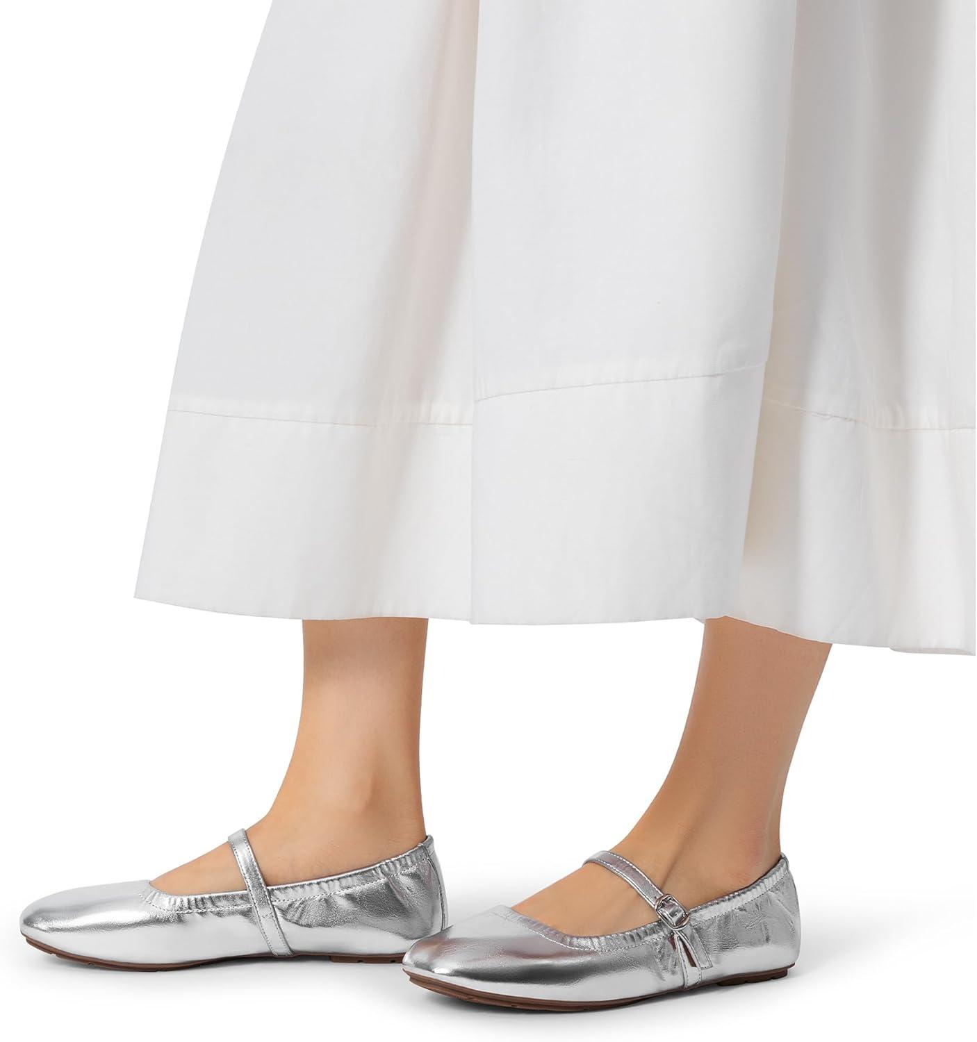 imageDREAM PAIRS Womens Ballet Flats Foldable Square Toe Mary Jane Flats Comfortable Slip On Dress Shoes Business Casual Work Mary Jane ShoesSilver