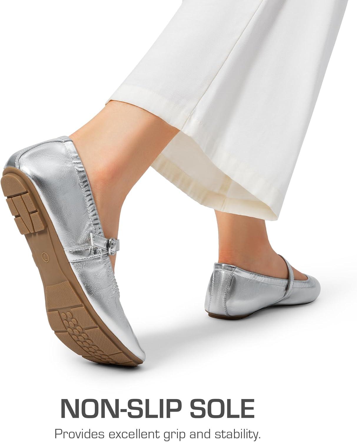 imageDREAM PAIRS Womens Ballet Flats Foldable Square Toe Mary Jane Flats Comfortable Slip On Dress Shoes Business Casual Work Mary Jane ShoesSilver