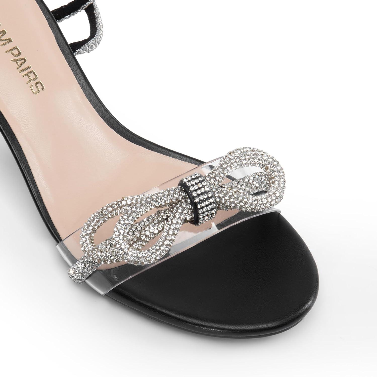 imageDREAM PAIRS Womens Double Bowknots Crystal Sandals Low Chunky Heels Clear Slingback Dress Shoes for Wedding Bridal PartyBlack
