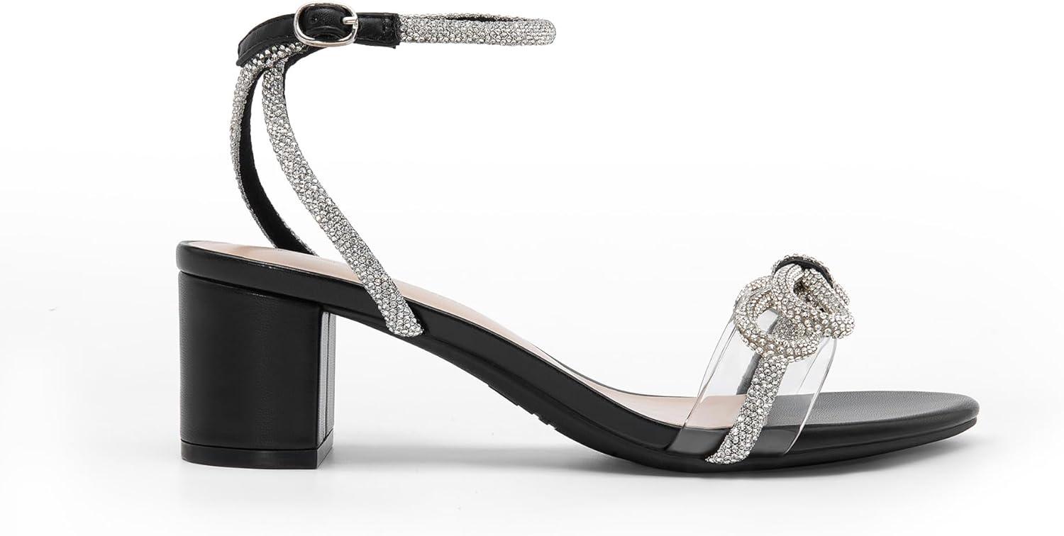 imageDREAM PAIRS Womens Double Bowknots Crystal Sandals Low Chunky Heels Clear Slingback Dress Shoes for Wedding Bridal PartyBlack
