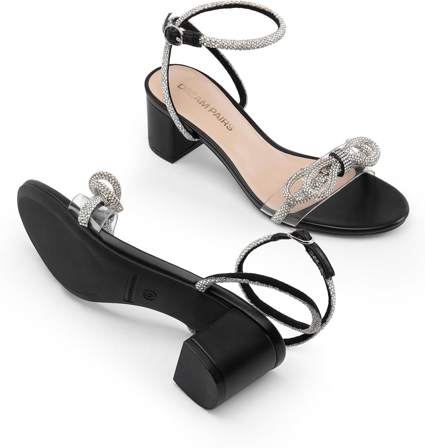 imageDREAM PAIRS Womens Double Bowknots Crystal Sandals Low Chunky Heels Clear Slingback Dress Shoes for Wedding Bridal PartyBlack