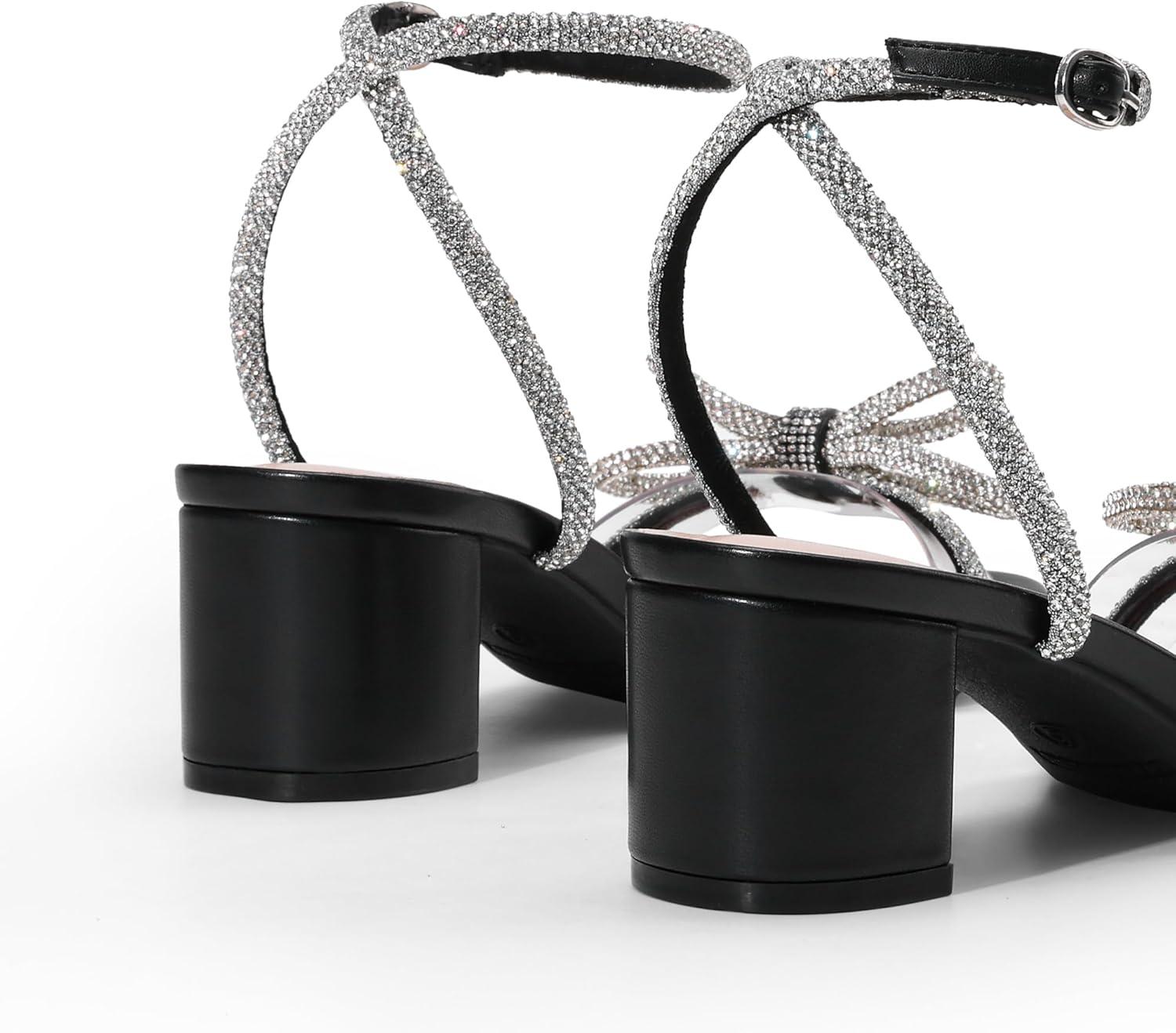imageDREAM PAIRS Womens Double Bowknots Crystal Sandals Low Chunky Heels Clear Slingback Dress Shoes for Wedding Bridal PartyBlack