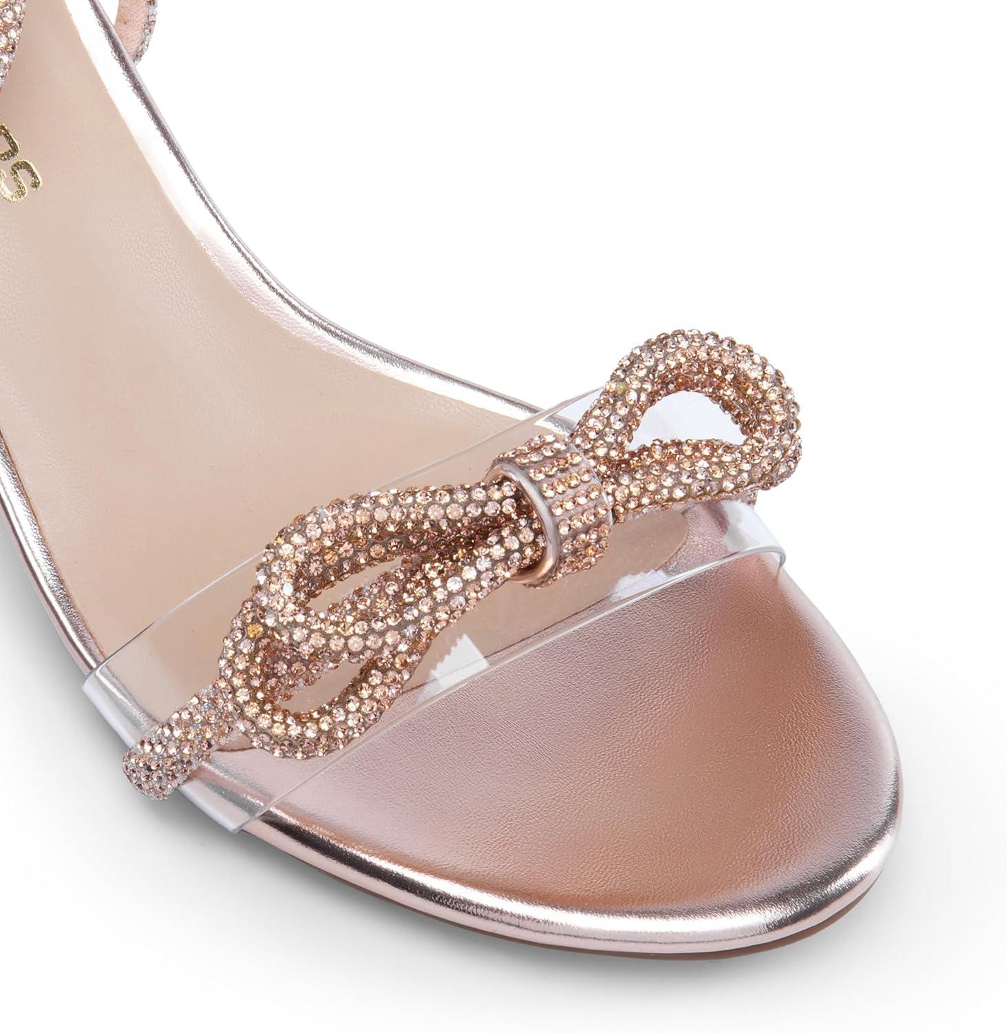 imageDREAM PAIRS Womens Double Bowknots Crystal Sandals Low Chunky Heels Clear Slingback Dress Shoes for Wedding Bridal PartyChampagne