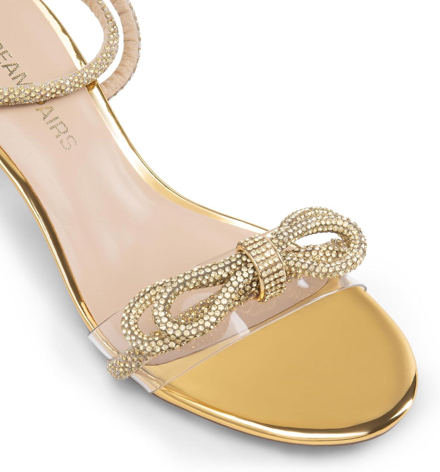imageDREAM PAIRS Womens Double Bowknots Crystal Sandals Low Chunky Heels Clear Slingback Dress Shoes for Wedding Bridal PartyGold
