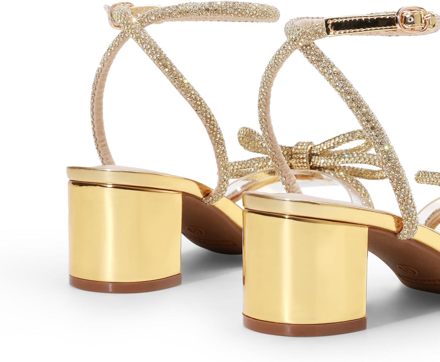 imageDREAM PAIRS Womens Double Bowknots Crystal Sandals Low Chunky Heels Clear Slingback Dress Shoes for Wedding Bridal PartyGold