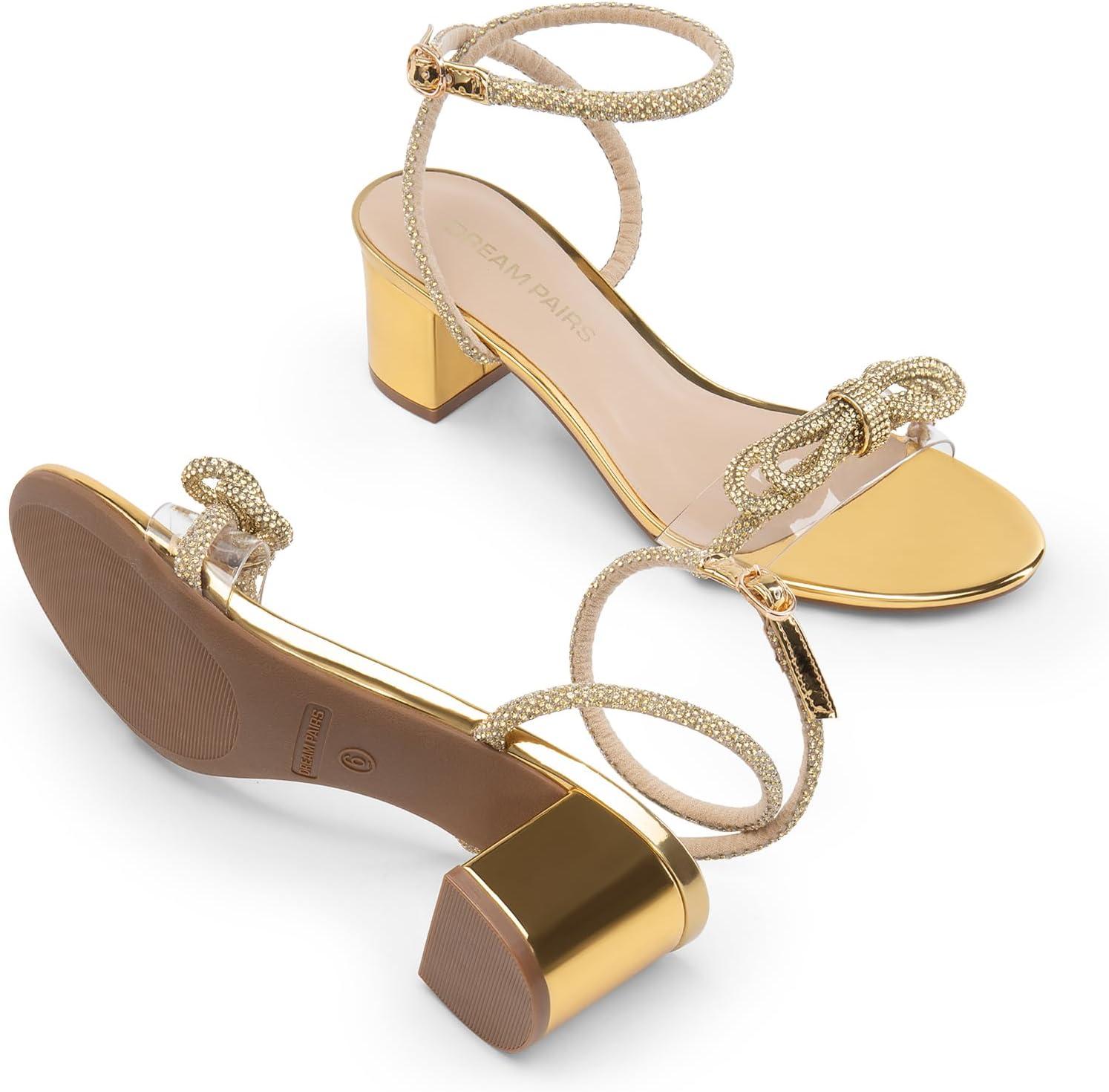 imageDREAM PAIRS Womens Double Bowknots Crystal Sandals Low Chunky Heels Clear Slingback Dress Shoes for Wedding Bridal PartyGold