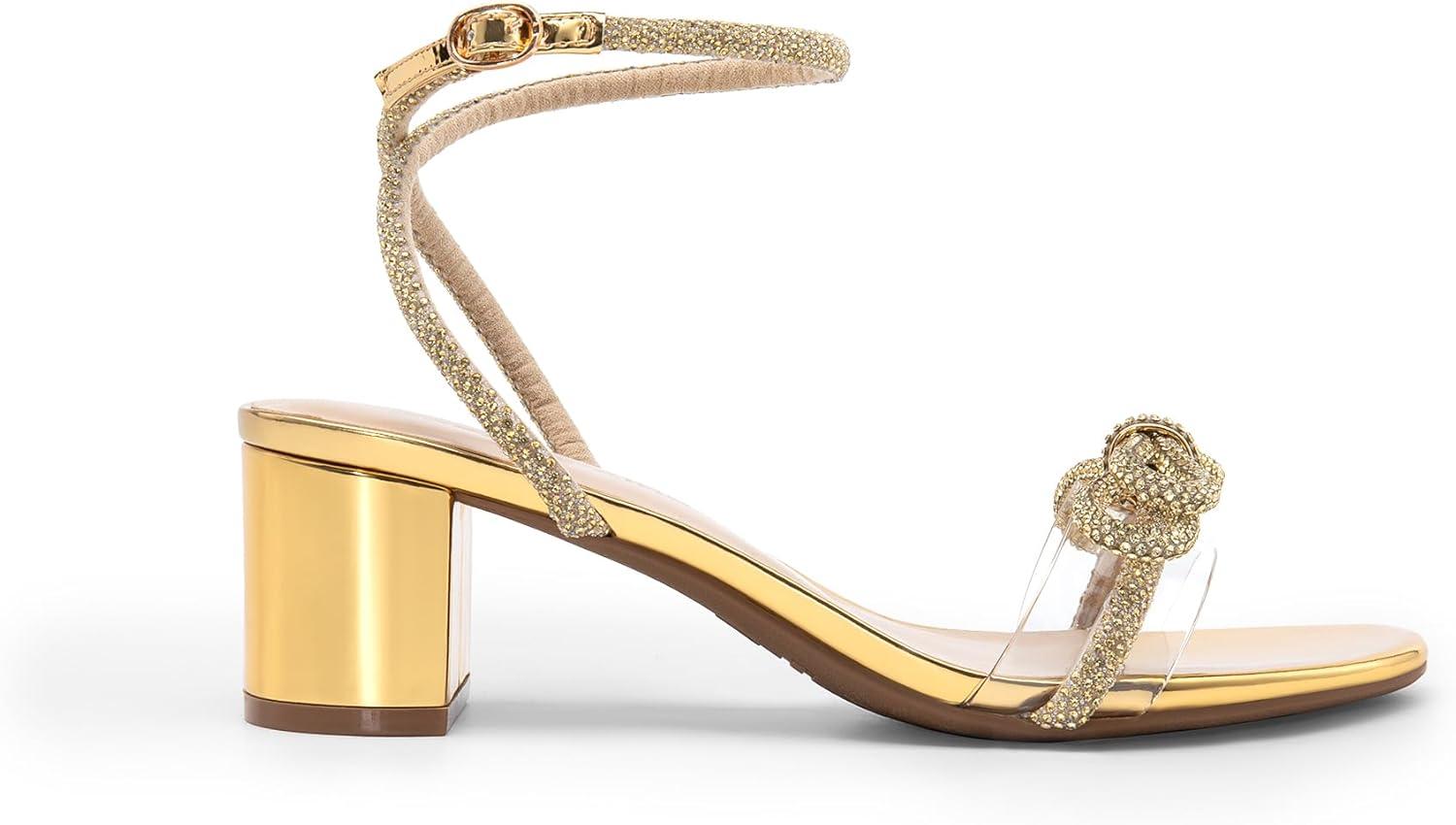 imageDREAM PAIRS Womens Double Bowknots Crystal Sandals Low Chunky Heels Clear Slingback Dress Shoes for Wedding Bridal PartyGold