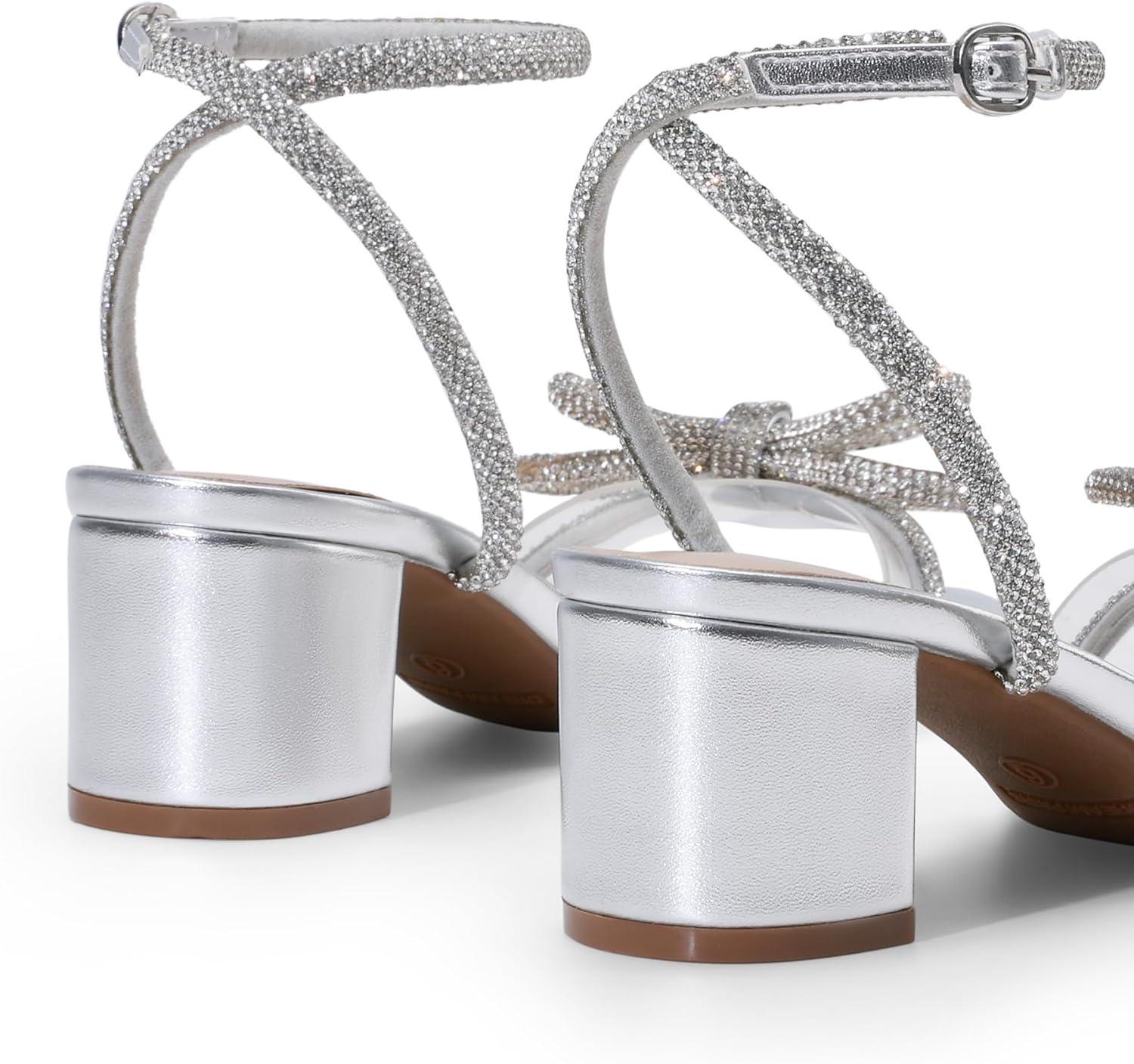 imageDREAM PAIRS Womens Double Bowknots Crystal Sandals Low Chunky Heels Clear Slingback Dress Shoes for Wedding Bridal PartySilver