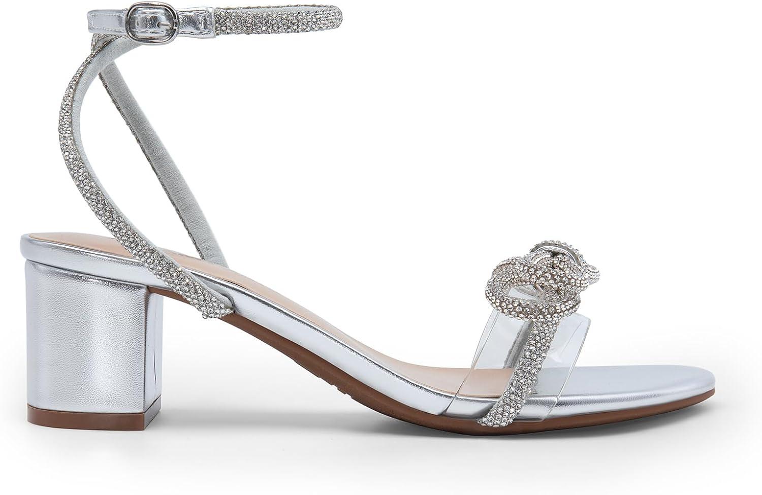 imageDREAM PAIRS Womens Double Bowknots Crystal Sandals Low Chunky Heels Clear Slingback Dress Shoes for Wedding Bridal PartySilver