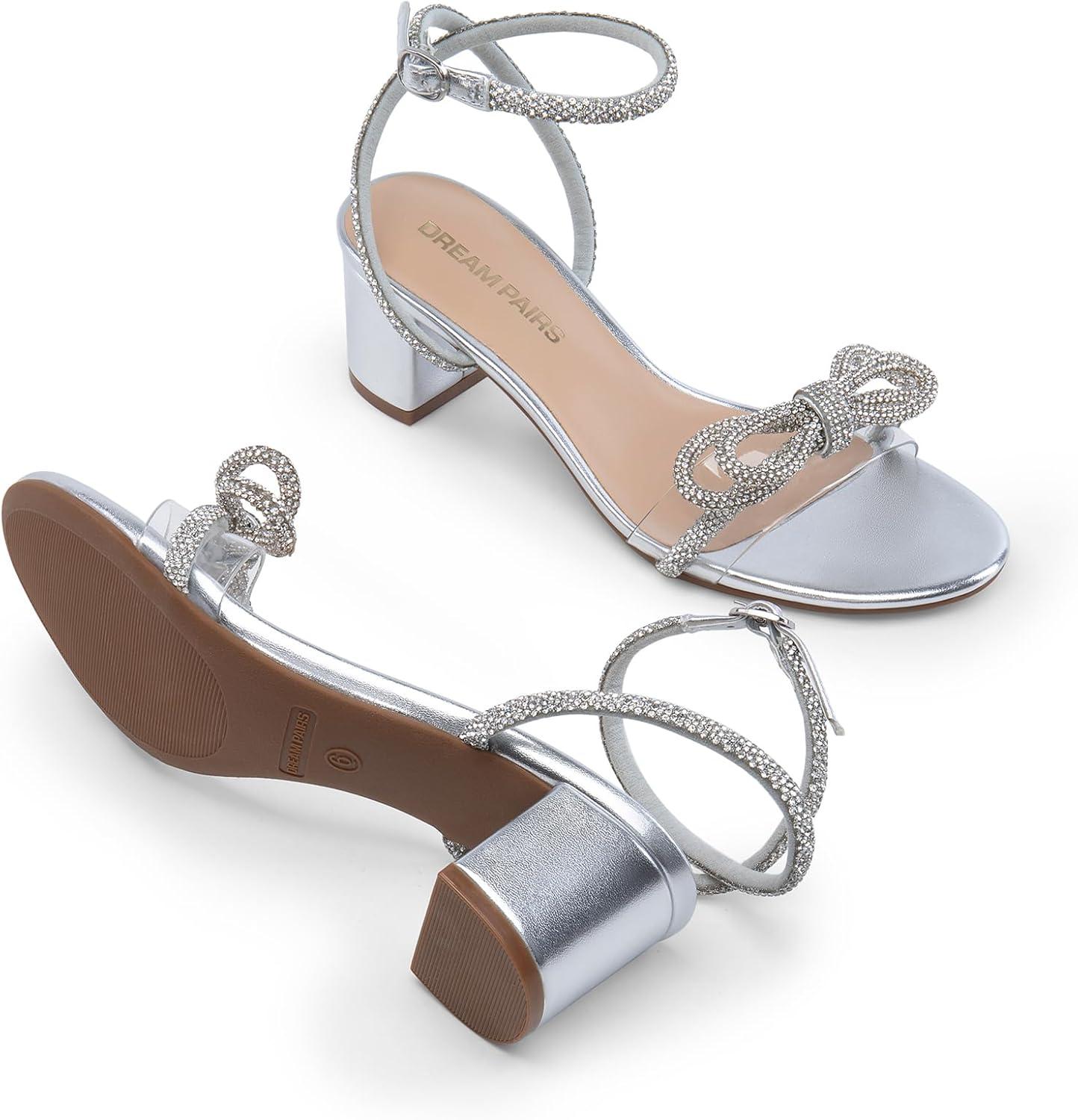 imageDREAM PAIRS Womens Double Bowknots Crystal Sandals Low Chunky Heels Clear Slingback Dress Shoes for Wedding Bridal PartySilver
