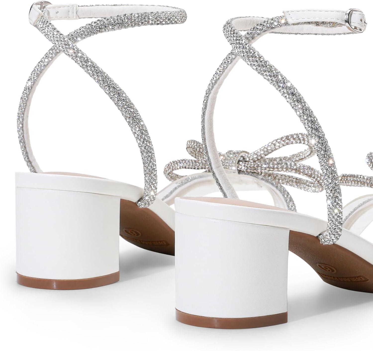 imageDREAM PAIRS Womens Double Bowknots Crystal Sandals Low Chunky Heels Clear Slingback Dress Shoes for Wedding Bridal PartyWhite