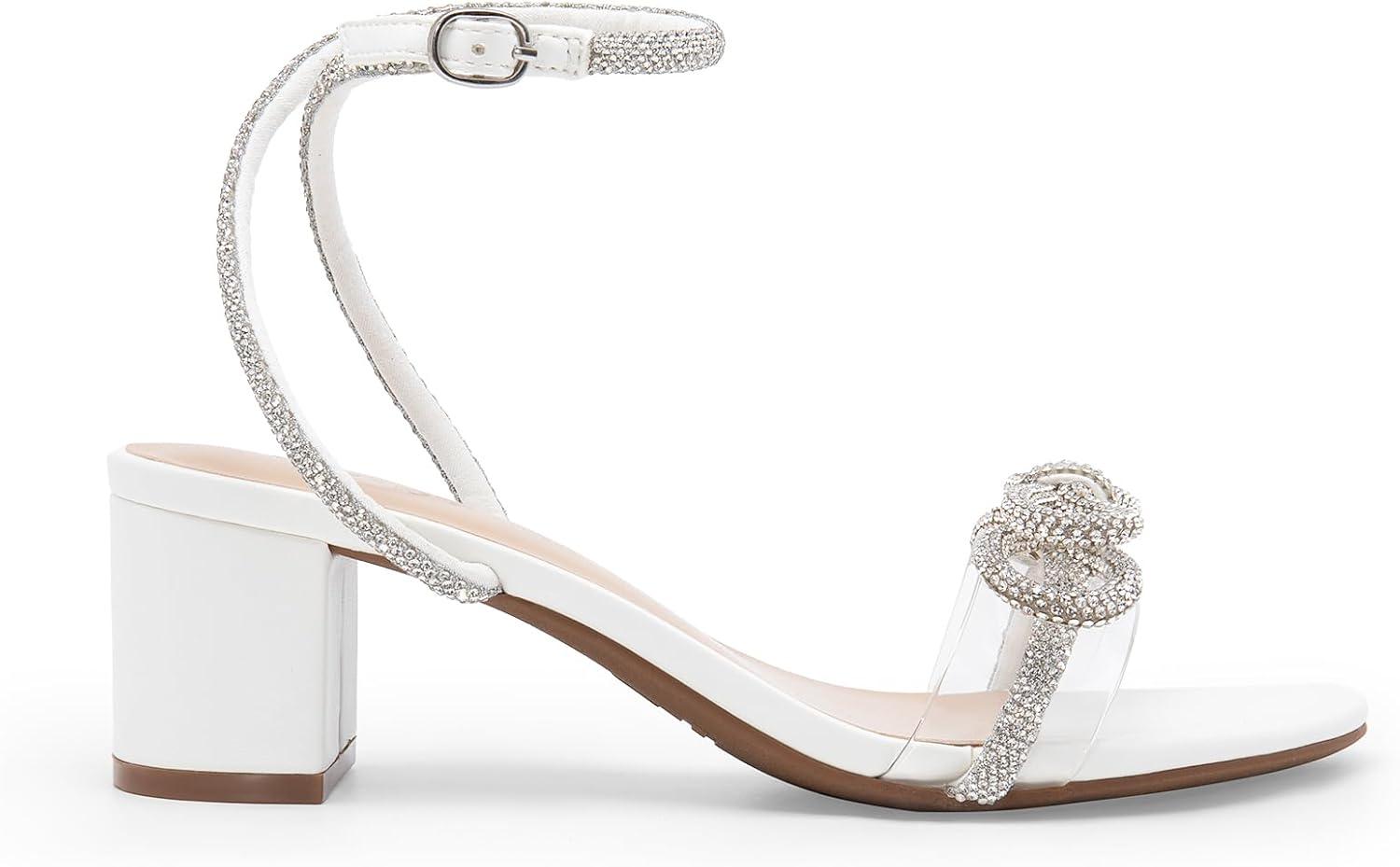 imageDREAM PAIRS Womens Double Bowknots Crystal Sandals Low Chunky Heels Clear Slingback Dress Shoes for Wedding Bridal PartyWhite
