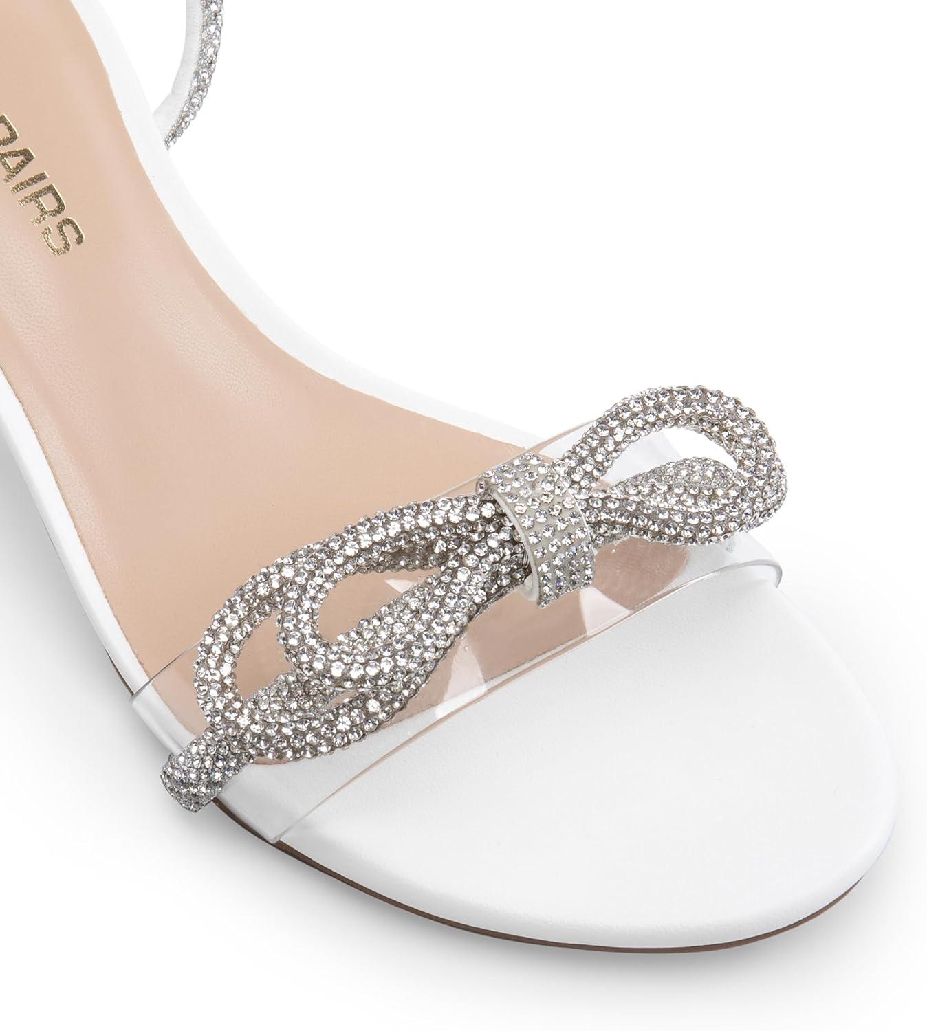 imageDREAM PAIRS Womens Double Bowknots Crystal Sandals Low Chunky Heels Clear Slingback Dress Shoes for Wedding Bridal PartyWhite